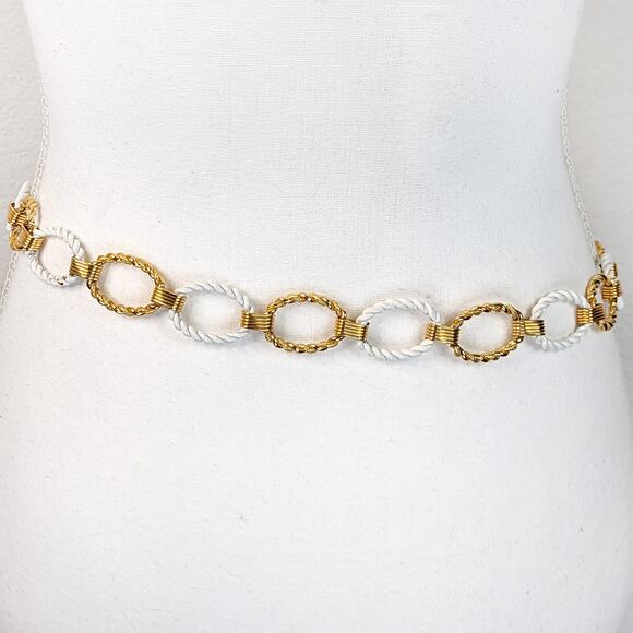 Vintage Gold Tone White Chain Link Belt 90s 80s Circle Hip Braided Metal VTG 31" - Picture 3 of 6